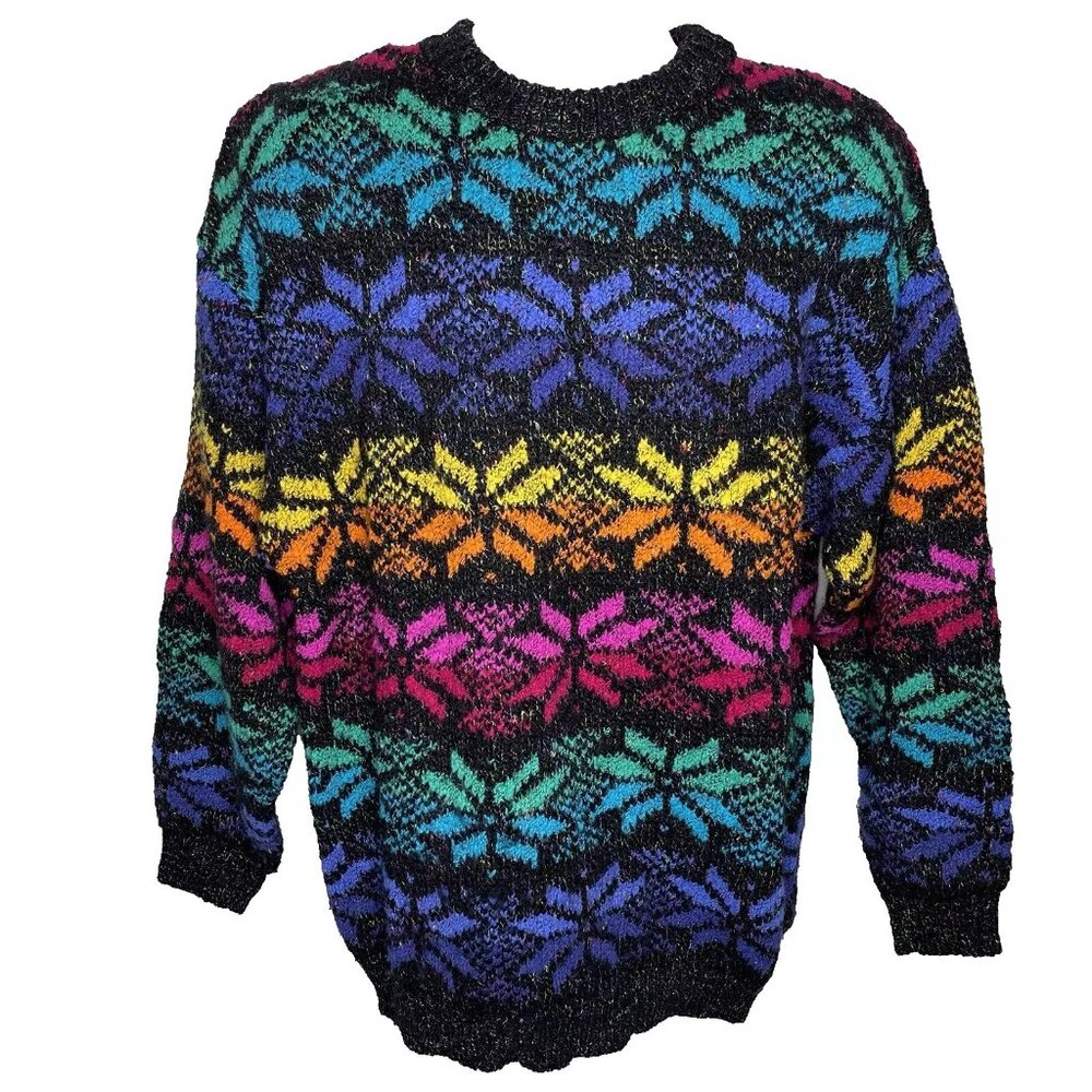 Vintage 80s Partners Snowflake Sweater Size L Black Rainbow Nordic Fair Isle